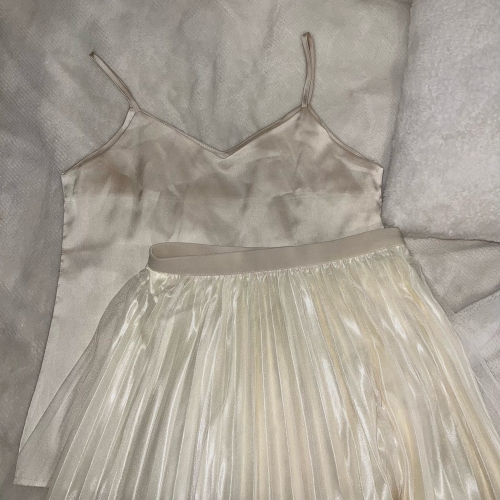 Cream Satin Cami and Pleated Skirt Set